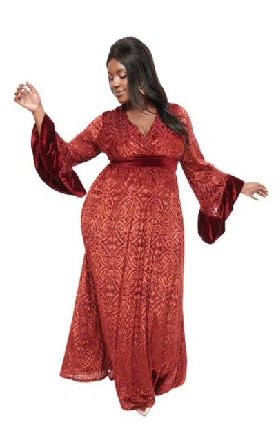 Unique Vintage Plus Size Long Sleeve Empire Waist Maxi Dress In Burgundy