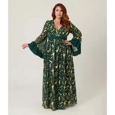 Unique Vintage Plus Size Long Sleeve Empire Waist Maxi Dress In Green