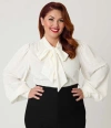 Unique Vintage Plus Size Long Sleeve Neck Tie Gwen Blouse In White