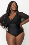Unique Vintage Plus Size Mesh Butterfly Sleeve Torrey One Piece Swimsuit In Black