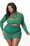 Unique Vintage Plus Size Mesh Long Sleeve Swim Top In Green