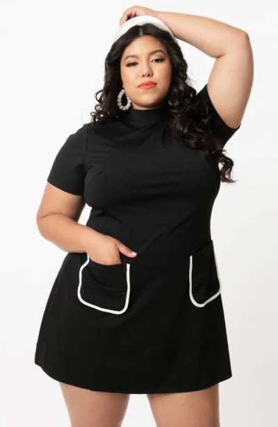 Unique Vintage Plus Size Mock Neck Short Sleeve Wave Maker Shift Dress In Black