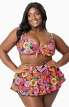 Unique Vintage Plus Size Molded Cup & Bow Swim Top In Black Floral