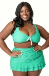 Unique Vintage Plus Size Molded Cup & Bow Swim Top In Green/white Dot