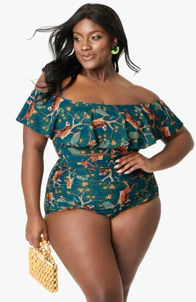 Unique Vintage Plus Size Monroe High Waist Bikini Bottom In Green, Tiger Print