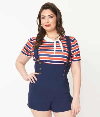 Unique Vintage Plus Size Navy & Red Striped Bow Sweetie Knit Top In Blue