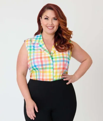 Unique Vintage Plus Size Notched Collar Cotton Blouse In Multi