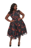 Unique Vintage Plus Size Off The Shoulder Ruffle Cocktail Dress In Black Floral