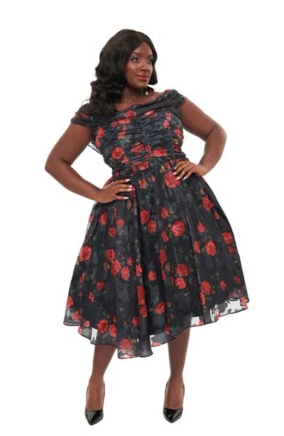 Unique Vintage Plus Size Off The Shoulder Ruffle Cocktail Dress In Black Floral