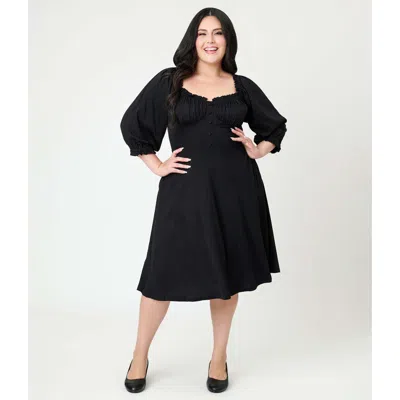 Unique Vintage Plus Size Peasant Sleeve Swing Dress In Black