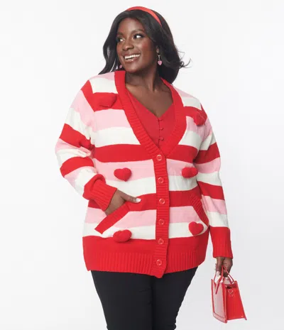 Unique Vintage Plus Size Pink & Red Striped Crochet Hearts Cardigan In Multi