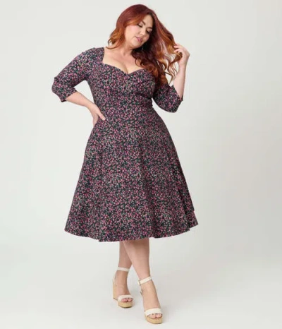 Unique Vintage Plus Size Pleated Bust Swing Dress In Multi