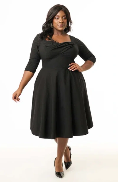 Unique Vintage Plus Size Pleated Bust Swing Dress In Black