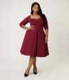 Unique Vintage Plus Size Pleated Bust Swing Dress In Burgundy