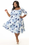 Unique Vintage Plus Size Pleated Bust Swing Dress In White/blue Floral