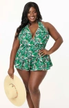 UNIQUE VINTAGE UNIQUE VINTAGE PLUS SIZE PLUNGE HALTER SKIRTED WENDY ONE PIECE SWIMSUIT