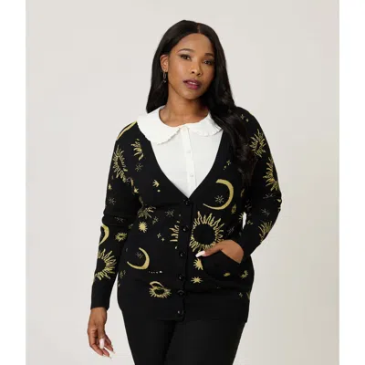 Unique Vintage Plus Size Printed Knit Long Cardigan In Black