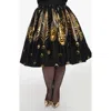 Unique Vintage Plus Size Printed Woven Gellar Swing Skirt In Black Gold Feathers