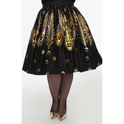 Unique Vintage Plus Size Printed Woven Gellar Swing Skirt In Black Gold Feathers