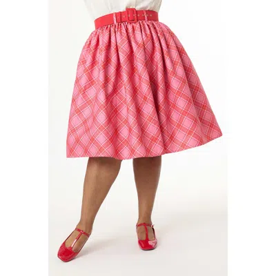 Unique Vintage Plus Size Printed Woven Gellar Swing Skirt In Pink Plaid