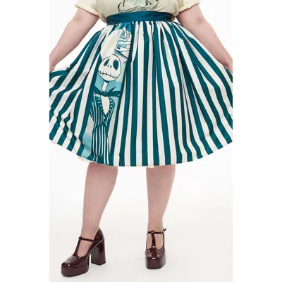 Unique Vintage Plus Size Printed Woven Gellar Swing Skirt In Teal White Stripes