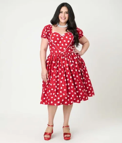 Unique Vintage Plus Size Puff Sleeve Sweetheart Fit & Flare Dress In Red