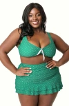 Unique Vintage Plus Size Ruched & Ruffled Alice Swim Skirt In Green White Dots