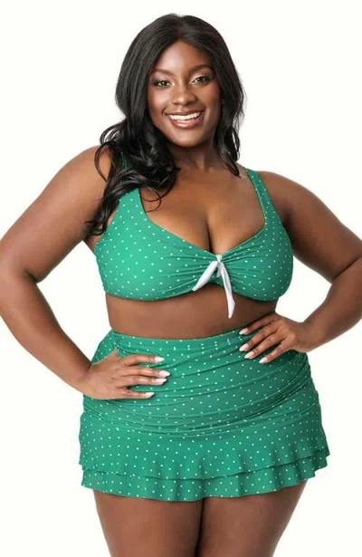 Unique Vintage Plus Size Ruched & Ruffled Alice Swim Skirt In Green White Dots