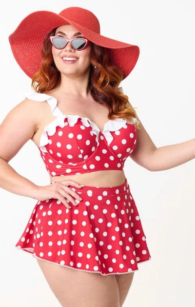 Unique Vintage Plus Size Ruffled Longline Southampton Swim Top In Red