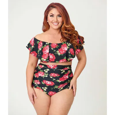 Unique Vintage Plus Size Ruffled Ramona Swim Top In Blue