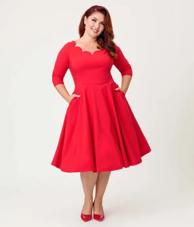 Unique Vintage Plus Size Scalloped Neck Swing Dress In Red