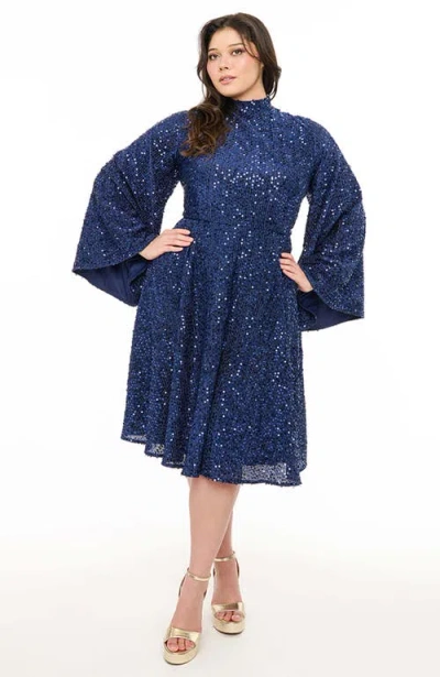 Unique Vintage Plus Size Sequin Mock Neck Swing Dress In Blue Sequin
