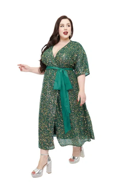 Unique Vintage Plus Size Sequin Tie Wrap Surplice Midi Dress In Green