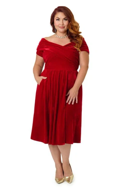 Unique Vintage Plus Size Shirred Off Shoulder Swing Dress In Red