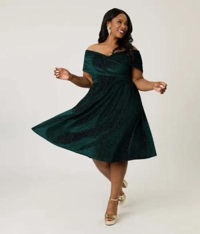 Unique Vintage Plus Size Shirred Off Shoulder Swing Dress In Green