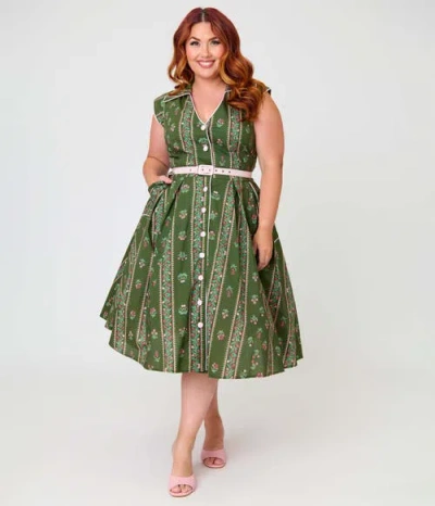Unique Vintage Plus Size Shirt Swing Dress In Green