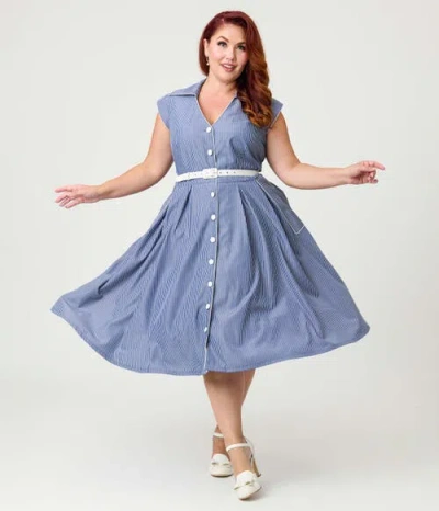 Unique Vintage Plus Size Shirt Swing Dress In Blue