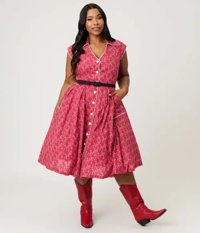 Unique Vintage Plus Size Shirt Swing Dress In Pink