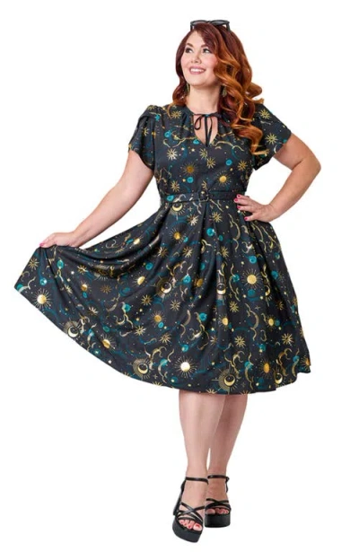Unique Vintage Plus Size Short Petal Sleeve Tie Neck Dahlia Swing Dress In Multi