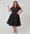 Unique Vintage Plus Size Short Petal Sleeve Tie Neck Dahlia Swing Dress In Black