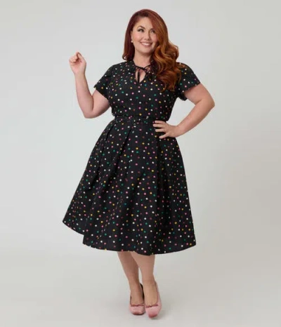 Unique Vintage Plus Size Short Petal Sleeve Tie Neck Dahlia Swing Dress In Black