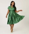 Unique Vintage Plus Size Short Petal Sleeve Tie Neck Dahlia Swing Dress In Green