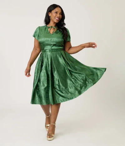 Unique Vintage Plus Size Short Petal Sleeve Tie Neck Dahlia Swing Dress In Green
