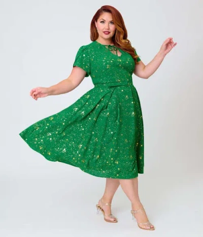 Unique Vintage Plus Size Short Petal Sleeve Tie Neck Dahlia Swing Dress In Green