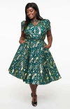 Unique Vintage Plus Size Short Petal Sleeve Tie Neck Dahlia Swing Dress In Green & Gold Peacock Print