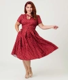 Unique Vintage Plus Size Short Petal Sleeve Tie Neck Dahlia Swing Dress In Red
