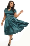 Unique Vintage Plus Size Short Petal Sleeve Tie Neck Dahlia Swing Dress In Teal Floral Embossed
