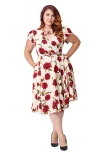 Unique Vintage Plus Size Short Petal Sleeve Tie Neck Dahlia Swing Dress In Red