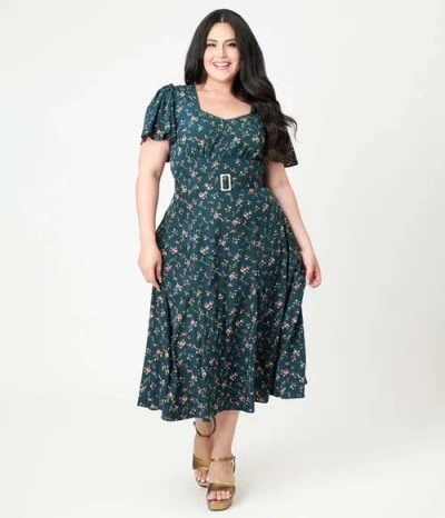 Unique Vintage Plus Size Short Puff Sleeve Sweetheart Neck Godet Midi Dress In Green