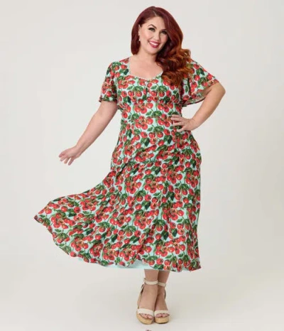 Unique Vintage Plus Size Short Puff Sleeve Sweetheart Neck Godet Midi Dress In Multi